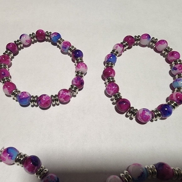 handmade Stretch Bracelet with Pink, Blue, Purple and White Set of 4 pc - Picture 8 of 8
